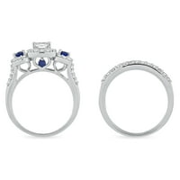 Set vjenčanih zaručničkih prstenova od srebra u srebrnoj boji s imitacijom bijelog dijamanta i izrađenim safirnim