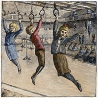 tjelesna kultura. Školarci treniraju u teretani. Drvorez, Amerikanac, kraj 19. stoljeća. Ispis plakata od