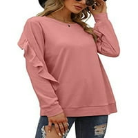 Ženska labava jednobojna majica s okruglim vratom, ležerna majica, ženska radna majica s dugim rukavima, ružičasta