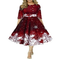 Ženske božićne haljine s okruglim vratom, Božićna haljina s printom snježne pahulje, ženska ljuljačka u tamnocrvenoj