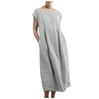 Haljine za žene Ljetno ležerna čvrsta boja bez rukava O-Neck Labav džepni zabod pamučna lanena haljina siva 5xl