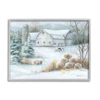 Slikovita seoska štala snježna scena pejzažno slikarstvo u sivom okviru umjetnički tisak zidna umjetnost