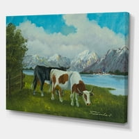 DesignArt 'krave jedu travu ispred jezera' Farmhouse platno zidni umjetnički tisak
