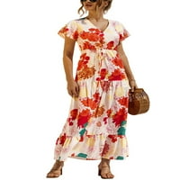 Grianlook Women Maxi haljine v Neck Summer Beach Sundress Sundress kratki rukavi duga haljina Ladies Baggy Labavi