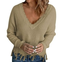 Ženski džemper, široki ležerni pulover s izrezom u obliku slova u, donji dio s resama, jednobojna pletena jesenska