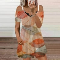 Ženska ljetna haljina seksi s čipkastim rubom tiskanim V-izrezom s rukavima za ramena, narančasta, s