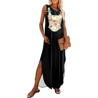 Ženska ljetna ležerna modna duga haljina s prorezom, Majica Bez rukava, tiskana haljina s okruglim vratom