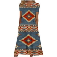 Popust Ženska ljetna haljina u zapadnom stilu s kratkim rukavima Vintage aztečki print ležerni pulover s izrezom