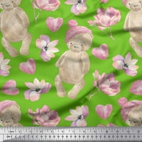 Zelena pamučna tkanina od patke, medvjeda i ružičastog cvijeta, zanatska tkanina s cvjetnim printom širine dvorišta