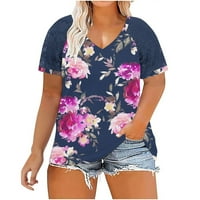 Ljetni ženski topovi Plus Size Ženska ležerna majica Plus Size s čipkastim printom i dekolteom u obliku slova