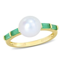 Miabella ženska bijela okrugla slatkovodna biserna biser smaragd 10kT žuto zlato prsten za slaganje