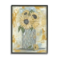 Rustikalno iscrpljena suncokretova vaza Botanička i cvjetna grafička umjetnost crna uokvirena umjetnička print