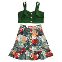 Odjeća za djevojčice ljetni vrhovi bez rukava Bez ramena s volanima suknja s printom lišća set od dva komada Zelena