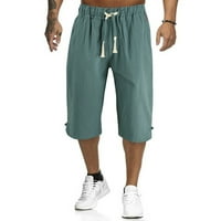 Muške lanene Capri hlače, Ležerne lagane široke hlače s elastičnim strukom, joga hlače za plažu s džepovima