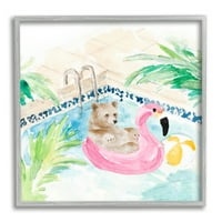 Medvjed Stupell pliva u ljetnom bazenu dok se odmara, pejzažno slikanje u sivom okviru, umjetnički ispis na zidu