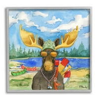 Stupell Industries Happy Camper Life čuvar Moose slikanje sivo uokvirene umjetničke print zidne umjetnosti, dizajn