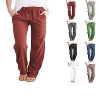 Ženske duge hlače za slobodno vrijeme od pamuka i lana, elastični pojas, kravate, široke hlače s džepovima