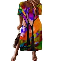 Retro ženski sarafan s okruglim vratom, Ležerne široke kaftanske haljine kratkih rukava s bočnim prorezom, haljine