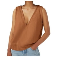 Ženski džemper s izrezom i printom, prsluk, preveliki pleteni džemperi s izrezom, pleteni vrhovi bez rukava, kaki,