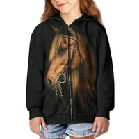 Xoenoiee Horse Black 3D Print Kids Hoodies Zip up jakna s džepom za dječake djevojčice 8- godina tinejdžerskih