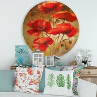 DesignArt 'Crveni cvjetanje makova preko divlje smeđe boje I' tradicionalna metalna zidna umjetnost kruga - disk