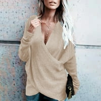 Ženski ležerni džemper s dubokim dekolteom u obliku slova u, jednobojni pulover s labavim pletenjem za jesen i