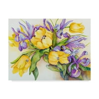 Zaštitni znak likovna umjetnost 'Žuti tulipani s plavom irisom' platno umjetnost Joanne Porter