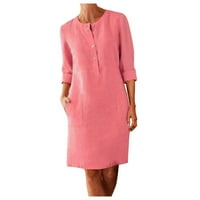 Proljetne haljine za žene s okruglim vratom, boho lanena haljina do koljena, ležerna široka ružičasta haljina