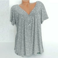 Ženski ljetni vrhovi plus veličina kratkih rukava V-izrez za print pulover majice za žene sive 3xl