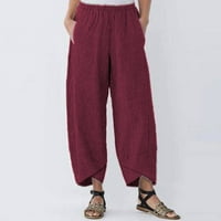 Lanene hlače za žene, Plus size ženske Capri hlače s elastičnim strukom, ravne hlače širokih nogavica s džepovima
