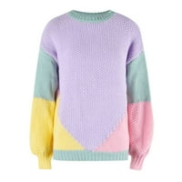 Ženski džemperi Odjeljni ležeran pleteni okrugli vrat Patchwork Trend Pulover džemper ljubičasti