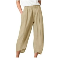 QiaoCaity ženske lanene hlače visoki struk s gamašama elastični struka Gumbi hlače tanke rastezljive hlače hlače