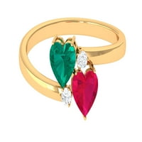 Zaručnički prsten s dva kamena, smaragdom i rubinskim srcem s dijamantom - 1K, 14k žuto zlato, 9,50 USD