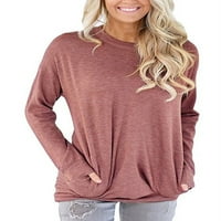 + Ženska jednobojna majica s okruglim vratom s dugim rukavima i džepom, puloveri, vrhovi