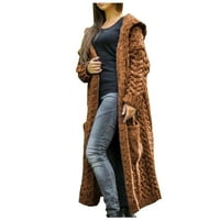 + Ženski zimski Jednobojni pleteni široki dugi kardigan s kapuljačom džemper kaput s džepovima