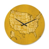 Dizajnirati 'žuta vintage karta Sjedinjenih Država IV' Moderni zidni sat drveta