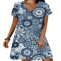 Bomotoo Ladies majice haljina V vrat Sundress cvjetni tiskani mini haljine casual ljeto plava cvjetna 2xl