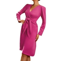 Ženske ljetne haljine Žene V vrat Bodycon Visoki struk Dugi rukavi Čvrste ležerne haljine za žensku vruću ružičastu