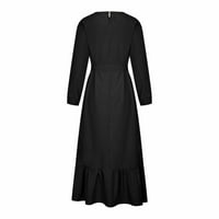Ženska modna haljina s okruglim vratom, široka, dugih rukava, jednobojna, Dužine do gležnja, duga haljina u crnoj