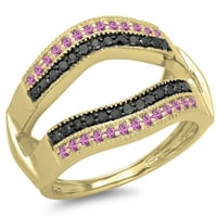 Kolekcija DazzlingRock 10K okrugli ružičasti safir i crni dijamantni dvostruki red vjenčanja za vjenčanje, žuto