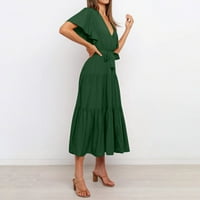 Ženske haljine V-izrez ležerna solidna a-line ljetna haljina kratkih rukava zelena s