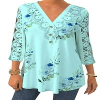 Wrcnote žene cvjetni print v vrat majica modni odmor gumb dolje ljetni vrhovi čipka šuplje pulover