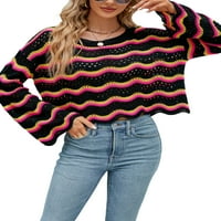 Ženski prugasti pleteni džemper, dugi rukavi okrugli vrat pulover zvonasti rukav valovito uzorak jesen
