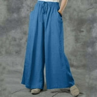 Entyinea lanene hlače za žene, ležerne labave elastične hlače s visokim strukom širokim nogama Čvrsta boja Palazzo