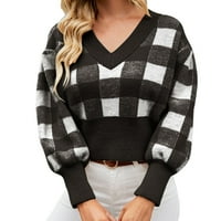 Tosmy ženski džemperi Žene karirani print u boji Blok prugasti džemper za vrat dugi rukavi pleteni pulover Top