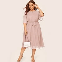 Za žene Plus veličine, ženska ležerna haljina Plus veličine s okruglim vratom i kratkim rukavima do koljena, ružičasta