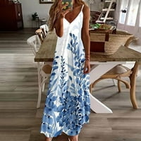 Ženske haljine zazor s V-izrezom labavi maxi tiskani a-line bez rukava ljetna haljina plava m