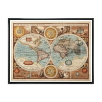 DesignArt 'Vintage Map of the World viii' Vintage Framed Canvas Wall Art Print