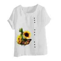 Lanene košulje za žene, Ženska pamučna lanena košulja kratkih rukava, cvjetni vrhovi suncokreta, Ležerne ljetne