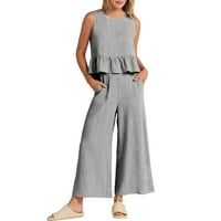 Ženska ljetna ležerna odjeća, vrhovi bez rukava na kopčanje i hlače širokih nogavica, moderan jednobojni set širokog